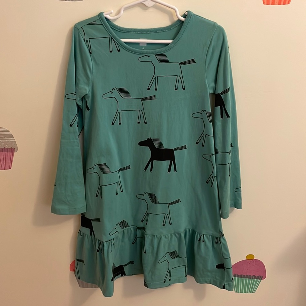 Tea Collection Patina Highland Horses Ruffle-Hem Drop-Waist Dress